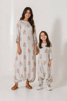 Pista green abstract & floral printed cotton dhoti jumpsuit mother daughter matching combo 1