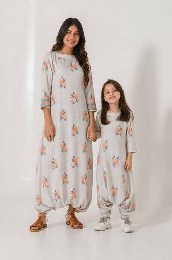 Pista green abstract & floral printed cotton dhoti jumpsuit mother daughter matching combo