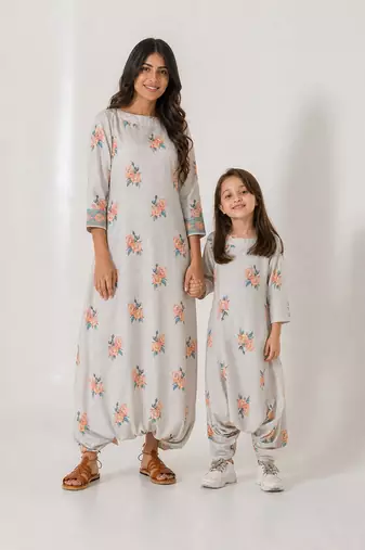 Pista green abstract & floral printed cotton dhoti jumpsuit mother daughter matching combo