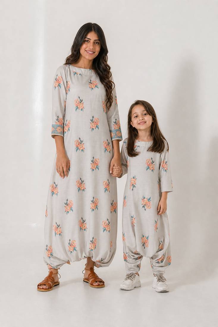 Pista green abstract & floral printed cotton dhoti jumpsuit mother daughter matching combo