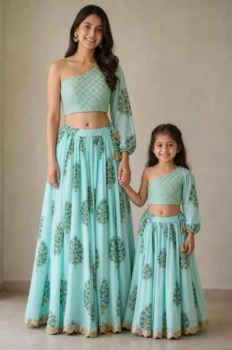 Blue & sky blue block printed & gota patti muslin lehenga choli mother daughter matching combo