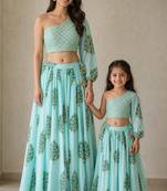 Blue & sky blue block printed & gota patti muslin lehenga choli mother daughter matching combo