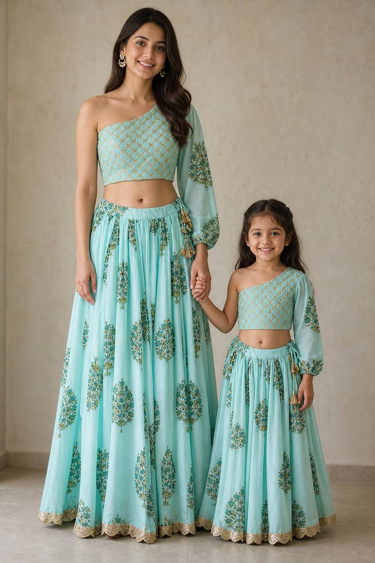 Blue & sky blue block printed & gota patti muslin lehenga choli mother daughter matching combo