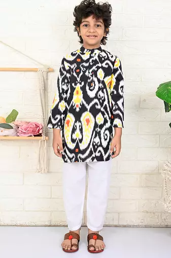 Oxide & black ikat & printed cotton kurta & kurta pyjama father son matching combo