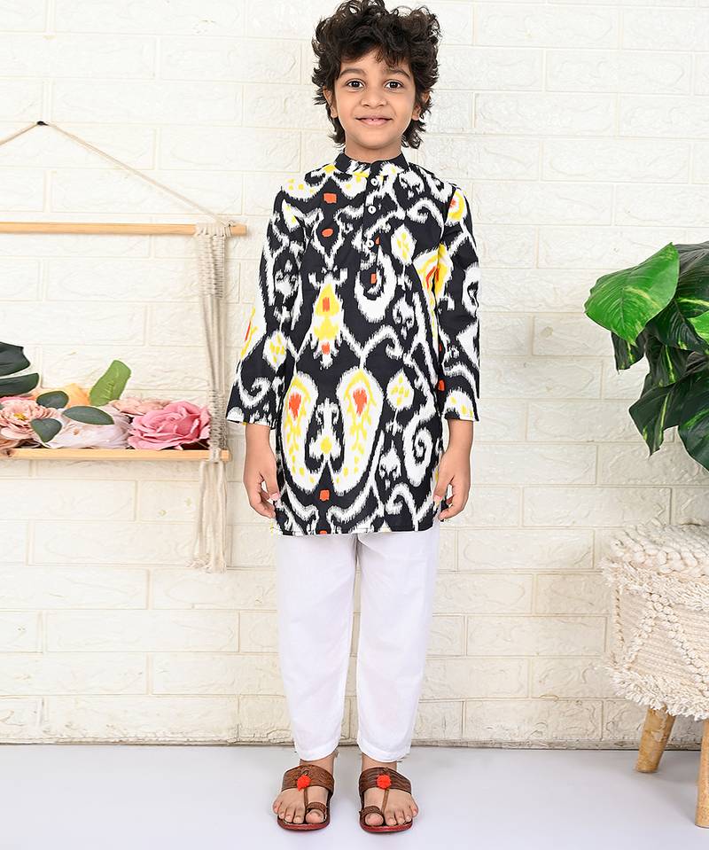 Oxide & black ikat & printed cotton kurta & kurta pyjama father son matching combo