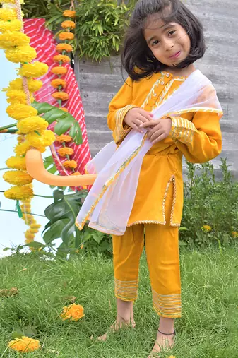 Orange & yellow embroidered cotton kurta set & salwar suit mother daughter matching combo