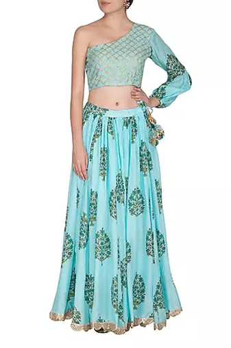 Blue & sky blue block printed & gota patti muslin lehenga choli mother daughter matching combo