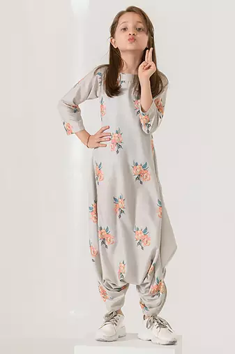 Pista green abstract & floral printed cotton dhoti jumpsuit mother daughter matching combo