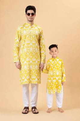 Yellow ikat cotton kurta & kurta pant set father son matching combo 1