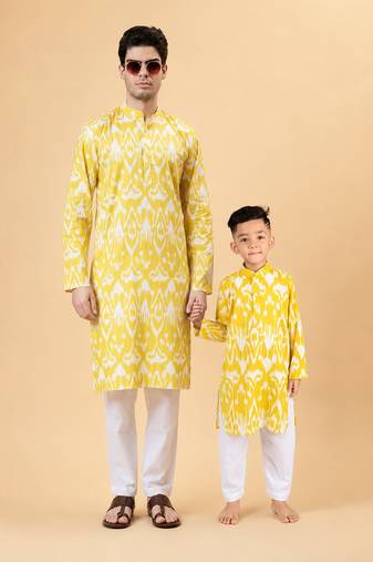 Yellow ikat cotton kurta & kurta pant set father son matching combo