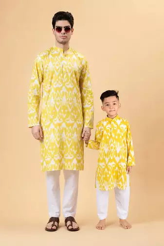 Yellow ikat cotton kurta & kurta pant set father son matching combo