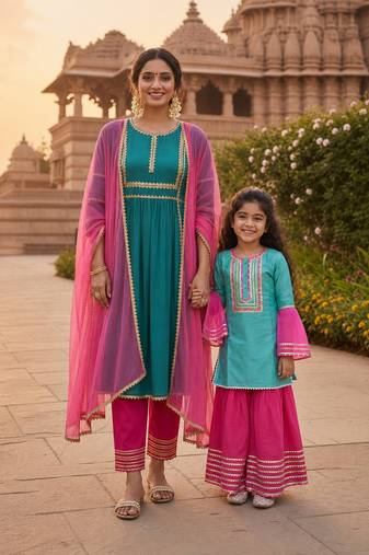 Blue & candy embroidered cotton silk kurta set & sharara set mother daughter matching combo