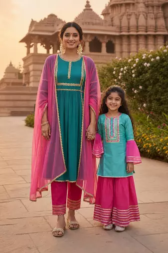 Blue & candy embroidered cotton silk kurta set & sharara set mother daughter matching combo