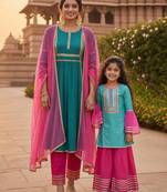 Blue & candy embroidered cotton silk kurta set & sharara set mother daughter matching combo