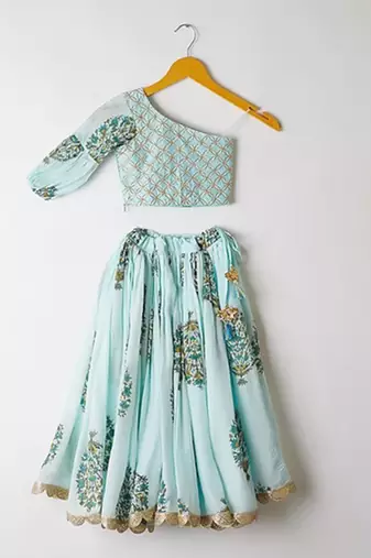 Blue & sky blue block printed & gota patti muslin lehenga choli mother daughter matching combo