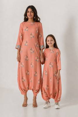 Scarlet orange abstract & floral printed cotton dhoti jumpsuit mother daughter matching combo 1