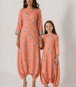 Scarlet orange abstract & floral printed cotton dhoti jumpsuit mother daughter matching combo