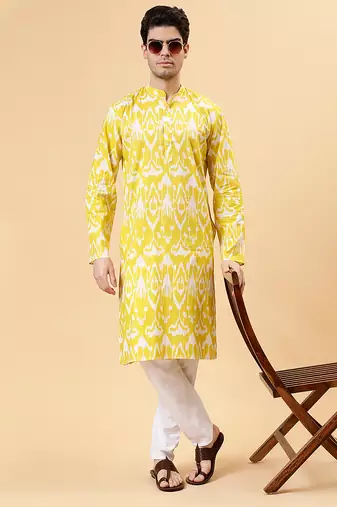 Yellow ikat cotton kurta & kurta pant set father son matching combo