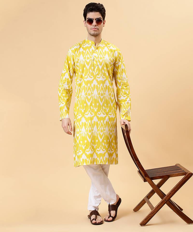 Yellow ikat cotton kurta & kurta pant set father son matching combo