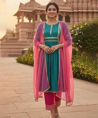 Blue & candy embroidered cotton silk kurta set & sharara set mother daughter matching combo 2