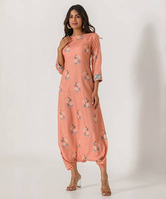 Scarlet orange abstract & floral printed cotton dhoti jumpsuit mother daughter matching combo 2