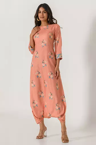Scarlet orange abstract & floral printed cotton dhoti jumpsuit mother daughter matching combo