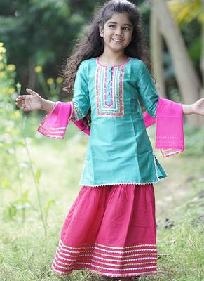 Blue & candy embroidered cotton silk kurta set & sharara set mother daughter matching combo 3