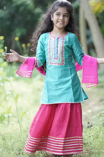 Blue & candy embroidered cotton silk kurta set & sharara set mother daughter matching combo