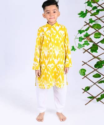 Yellow ikat cotton kurta & kurta pant set father son matching combo 3