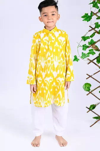 Yellow ikat cotton kurta & kurta pant set father son matching combo