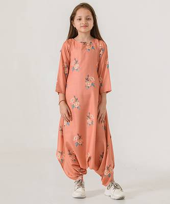 Scarlet orange abstract & floral printed cotton dhoti jumpsuit mother daughter matching combo 3