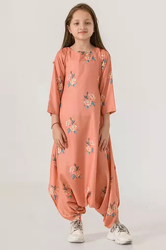 Scarlet orange abstract & floral printed cotton dhoti jumpsuit mother daughter matching combo