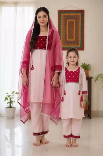 Pink woemsn embroidered cotton kurta set mother daughter matching combo