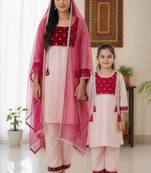 Pink woemsn embroidered cotton kurta set mother daughter matching combo