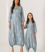 Aqua & blue abstract & floral printed cotton dhoti jumpsuit mother daughter matching combo