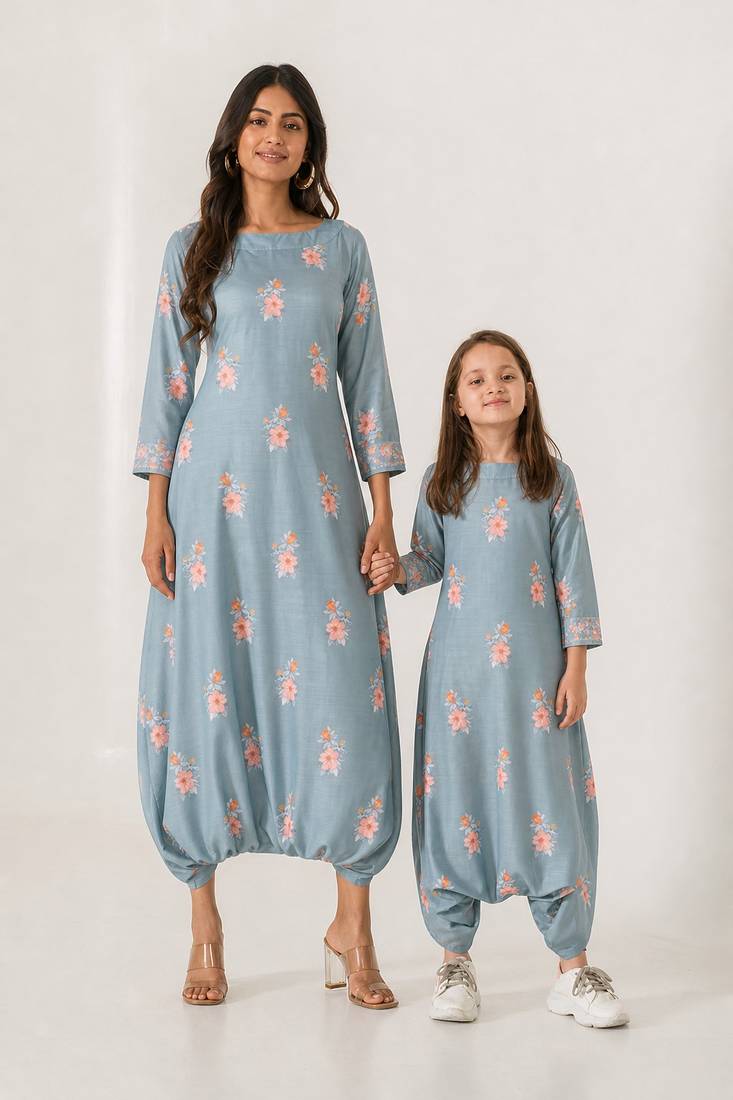 Aqua & blue abstract & floral printed cotton dhoti jumpsuit mother daughter matching combo