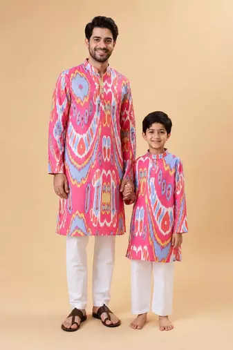 Pink ikat cotton kurta & kurta pant set father son matching combo