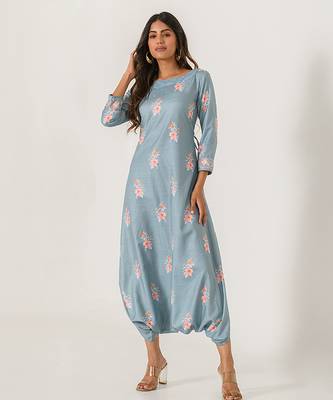 Aqua & blue abstract & floral printed cotton dhoti jumpsuit mother daughter matching combo 2