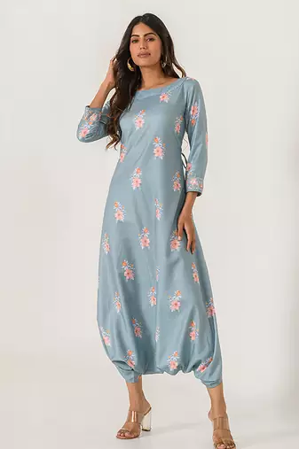 Aqua & blue abstract & floral printed cotton dhoti jumpsuit mother daughter matching combo