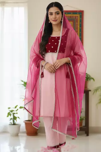 Pink woemsn embroidered cotton kurta set mother daughter matching combo
