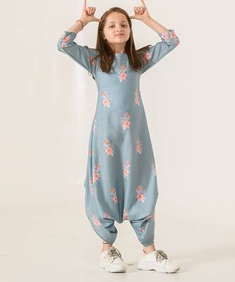 Aqua & blue abstract & floral printed cotton dhoti jumpsuit mother daughter matching combo 3