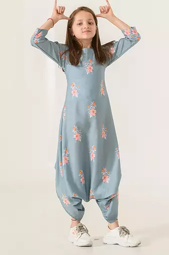 Aqua & blue abstract & floral printed cotton dhoti jumpsuit mother daughter matching combo