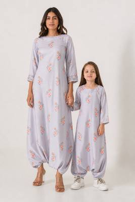 Slate grey abstract & floral printed cotton dhoti jumpsuit mother daughter matching combo 1