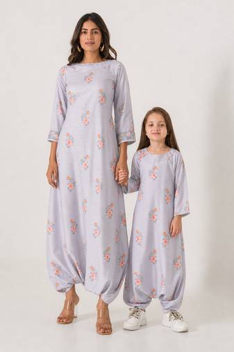 Slate grey abstract & floral printed cotton dhoti jumpsuit mother daughter matching combo