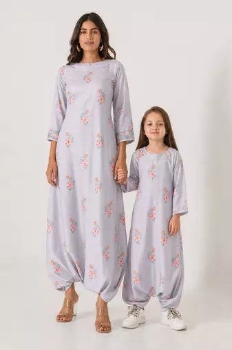 Slate grey abstract & floral printed cotton dhoti jumpsuit mother daughter matching combo