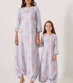 Slate grey abstract & floral printed cotton dhoti jumpsuit mother daughter matching combo
