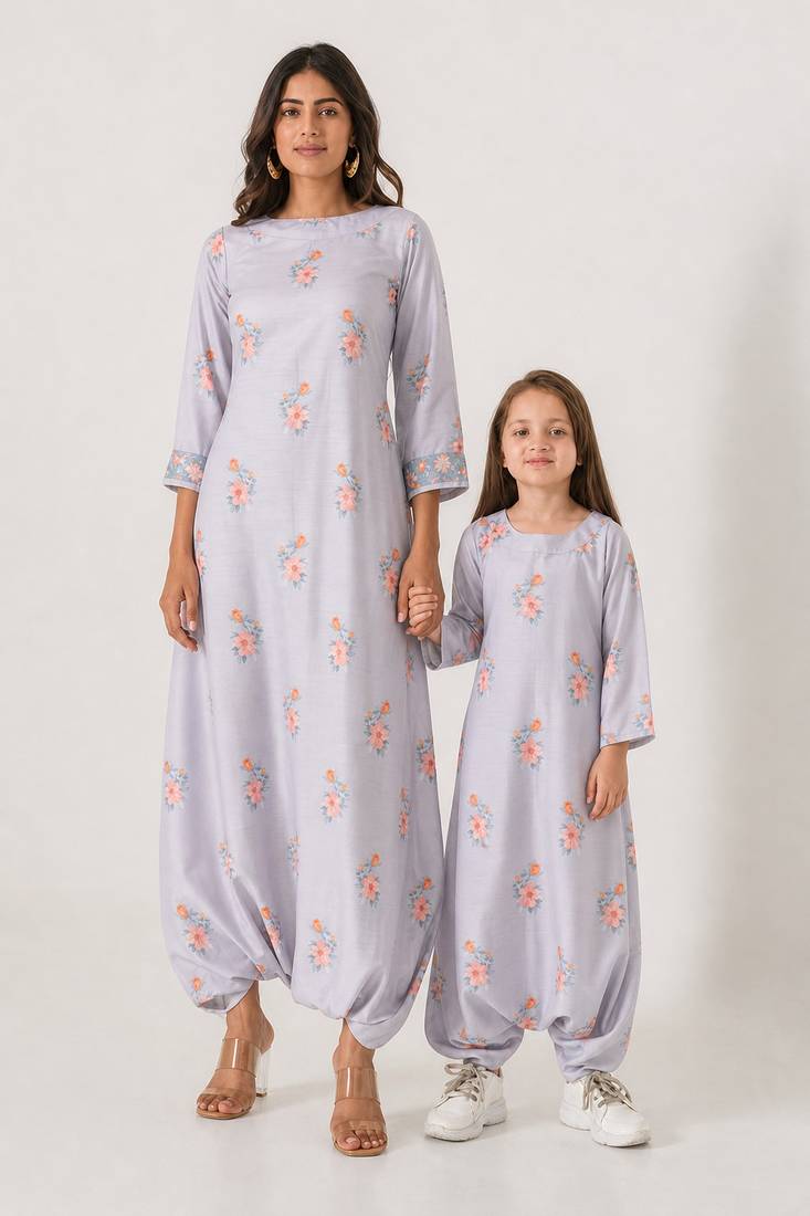 Slate grey abstract & floral printed cotton dhoti jumpsuit mother daughter matching combo