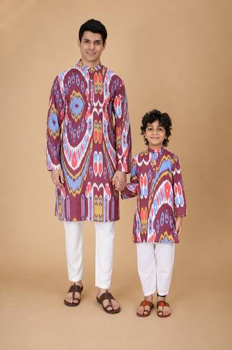Multicolor merlot ikat & printed cotton kurta & kurta pyjama father son matching combo