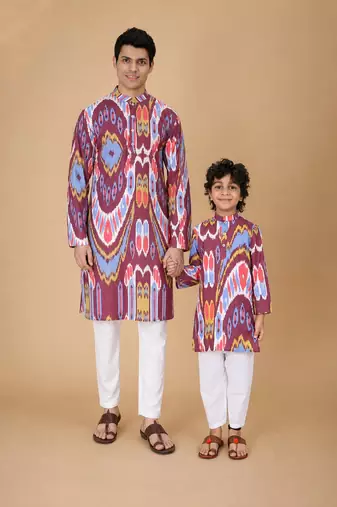 Multicolor merlot ikat & printed cotton kurta & kurta pyjama father son matching combo