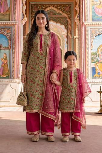 Olive green floral printed cotton salwar suit & kurta set mother daughter matching combo